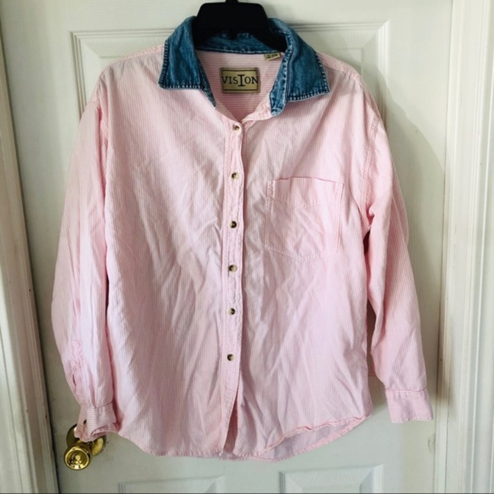 Vintage VISION pink pastel striped denim collar oversized cotton shirt SZ large